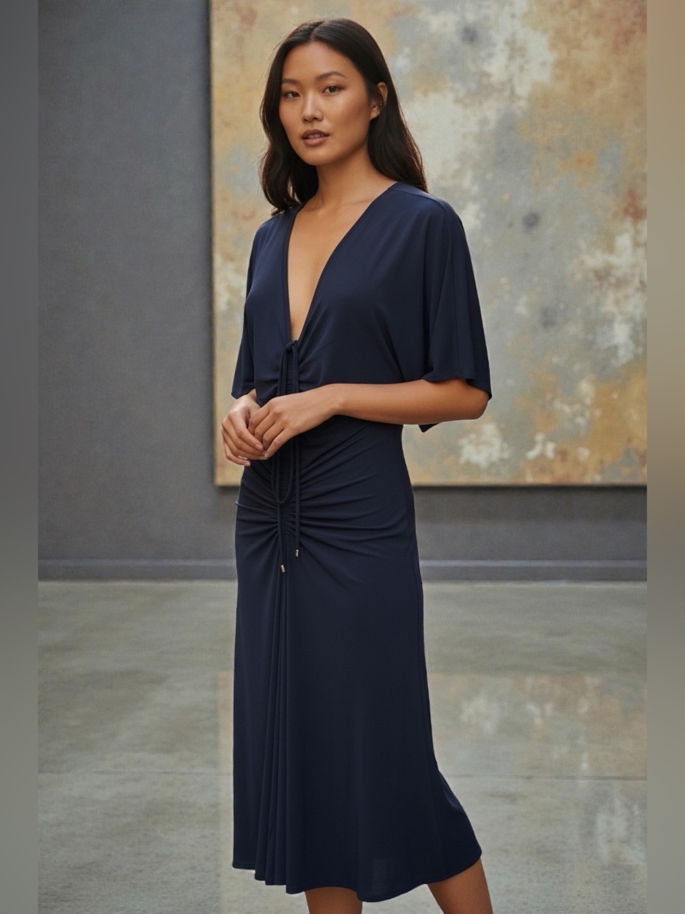 White House Black Market Deep Plunge Navy Drawstring Front Midi Dress